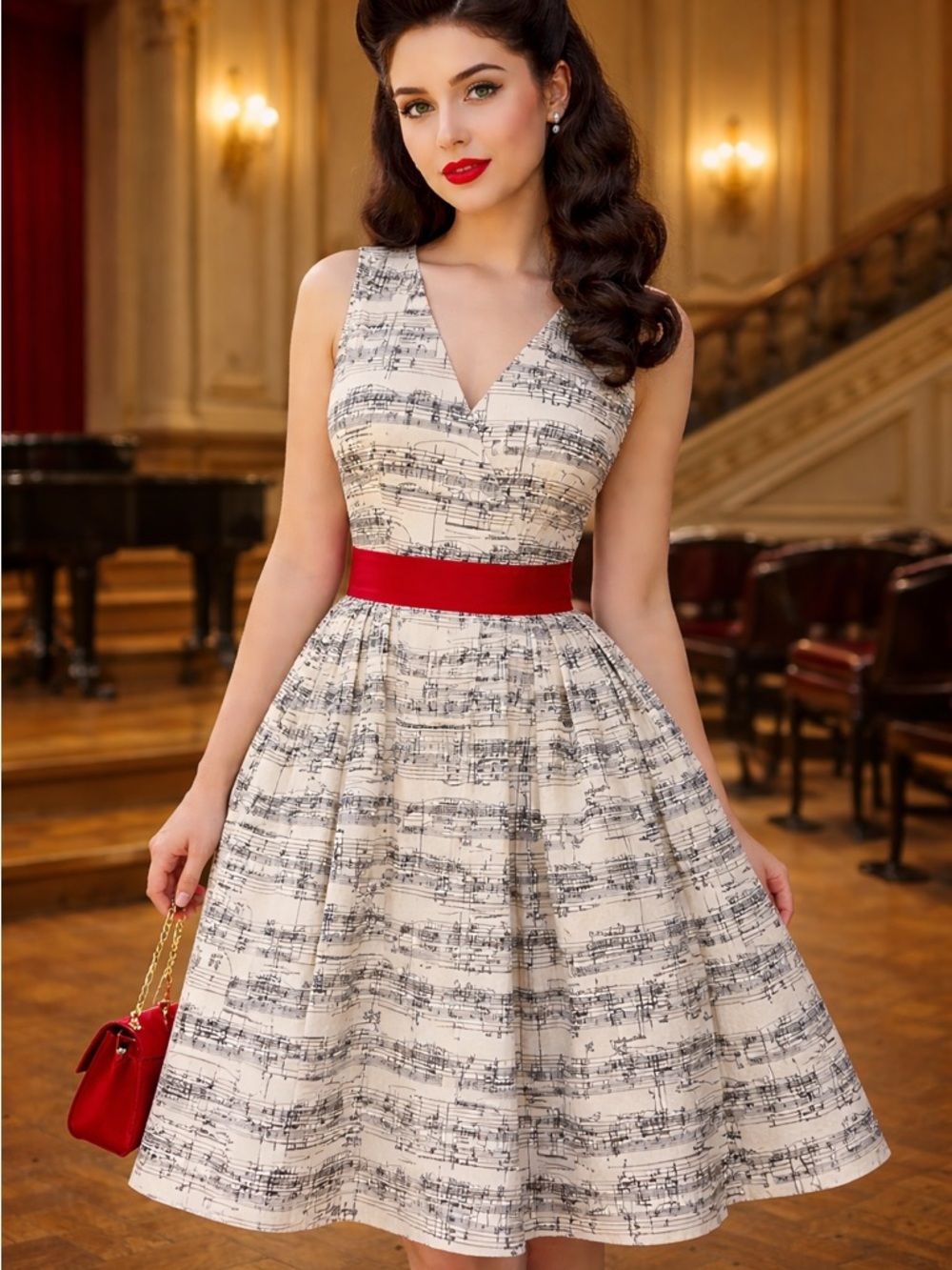 Fervour by ModCloth Cream Sheet-Music Midi Dress with Red Sash 50s Pin-Up Retro